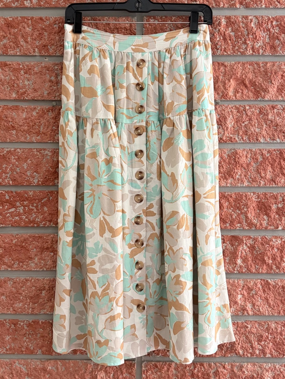 DownEast Floral Tiered Button-Front Midi Skirt